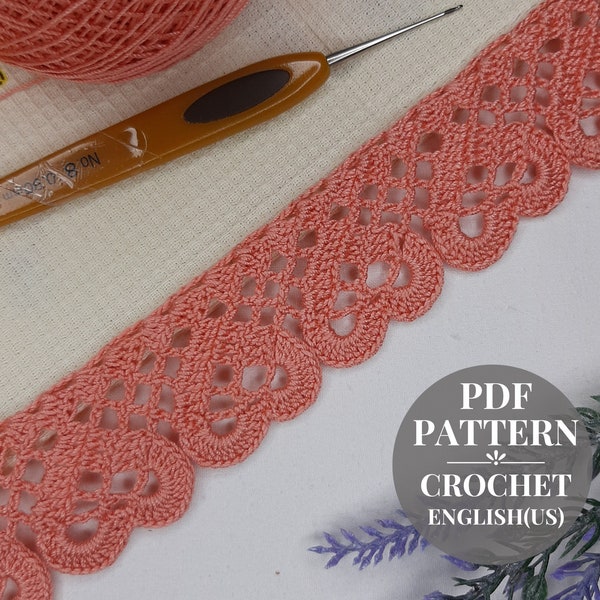 Crochet edging pattern Border hearts crochet for decor kitchen towels Pattern crochet lace edging tablecloths Detailed tutorial pdf