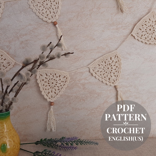 Crochet pattern bunting garland boho. Pattern crochet bunting triangle for beginners.