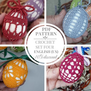 Pode incluir: Conjunto de quatro padrões de crochê para ovos de Páscoa em vermelho, azul, amarelo e rosa. Os padrões são escritos em inglês (EUA) e incluem um desconto de 10%. PDF PATTERN CROCHET SET FOUR ENGLISH (US) -10% discount