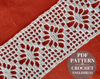 Filet crochet border patterns for kitchen towel. Filet edging tablecloth tutorial row to row description pdf. Crochet lace trim for linen.