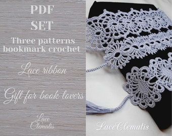 Set bookmark crochet pattern. Gift handmade for book lovers. Crochet ribbon pattern PDF. Crochet lace pattern. Bookmarks crochet tutorial.