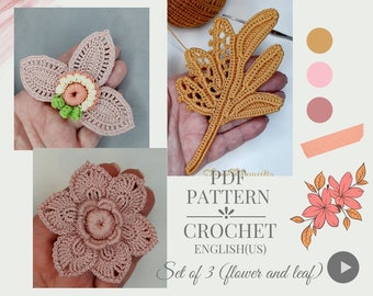 Flowers and leaves Set crochet patterns. Crochet motifs for Irish lace tutorial. Instruction crochet PDF.
