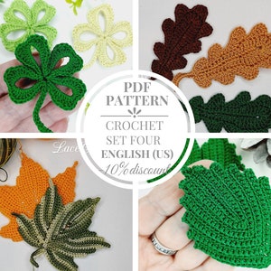 May include: Crochet leaf patterns in green, yellow, brown, and orange. PDF pattern set of four leaves in English (US). 10% discount.