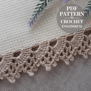Crochet edging pattern, crochet border pattern beginner. Crochet openwork trim for fabric decor. Detailed tutorial pdf.
