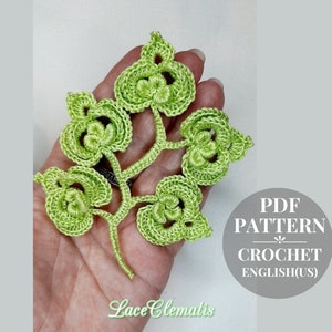 Puede incluir: Un patrón de ganchillo para una rama verde con hojas, con el texto "PDF PATTERN CROCHET ENGLISH(US)" y "Lace Clematis" debajo de la rama.