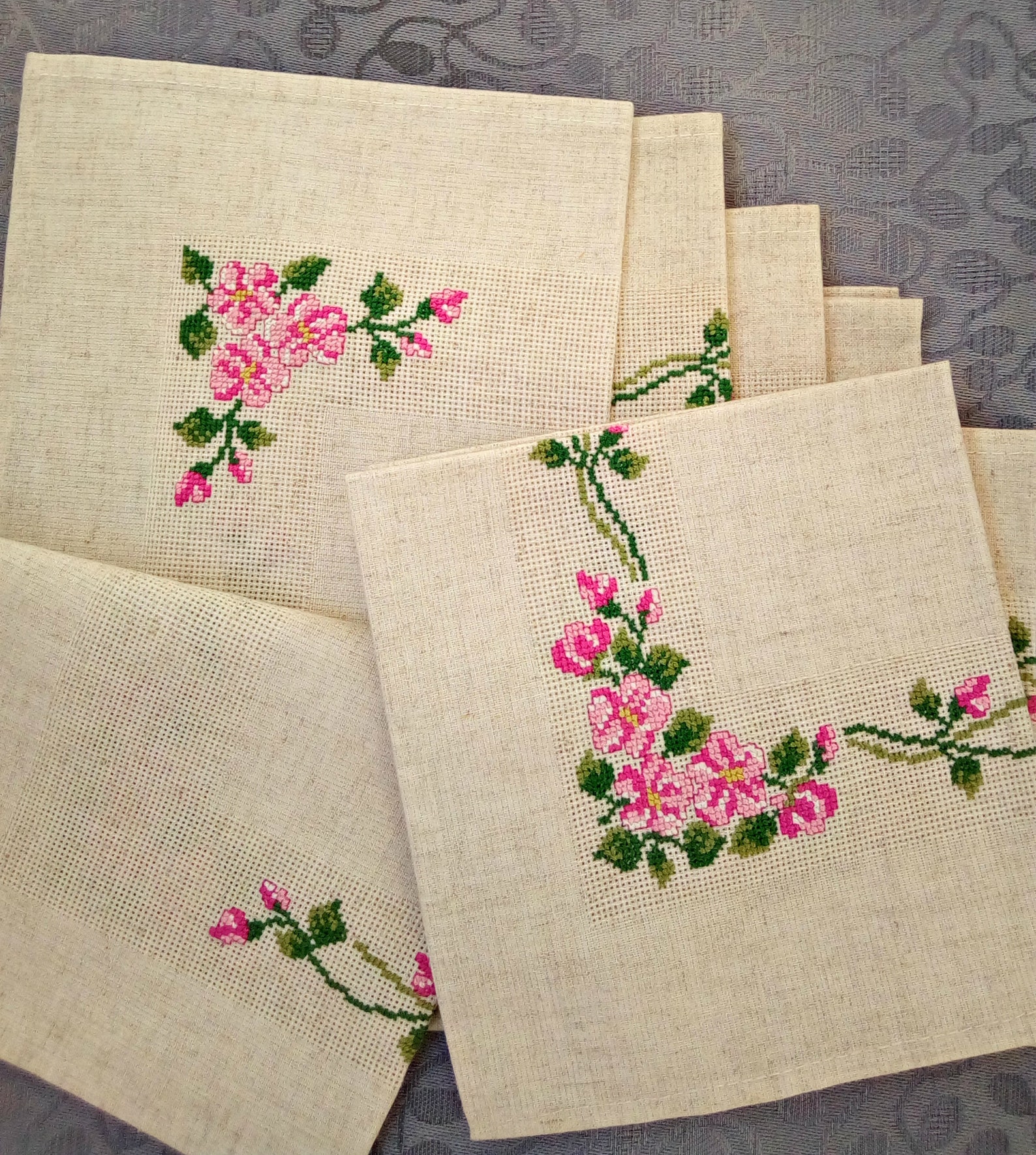 Napkins linen hand embroidered roses with sprigs holiday gift Etsy