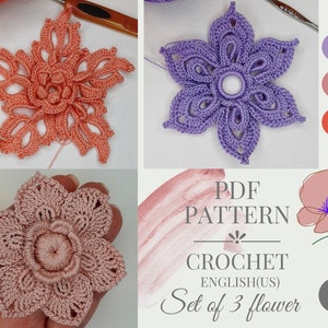 May include: A set of three crochet flower patterns in PDF format. The flowers are in shades of pink, purple, and orange. The pattern is in English (US).