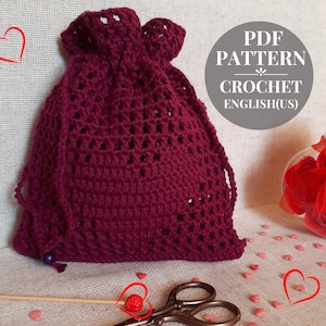 Modèle de pochette à cordon au crochet Pochette cadeau Saint Valentin pour bonbons Sac cadeau au crochet avec un motif coeur Petite pochette modèle au crochet