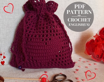Crochet drawstring pouch pattern Valentine's Day gift pouch for sweets Gift crochet bag with a heart pattern Small pouch crochet pattern