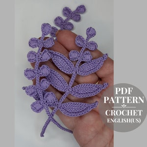 Crochet branch pattern. Crochet twig tutorial. Flower applique pattern. Instructions crochet vine with leaves PDF.