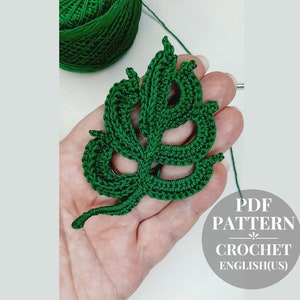 Puede incluir: Patrón de hoja de ganchillo verde en formato PDF. El patrón está escrito en inglés (EE. UU.).