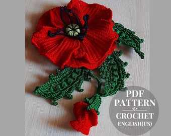 Crochet poppy flower pattern. Crochet red wildflower pattern. Crochet blossom tutorial. Crochet instruction big flowers PDF.