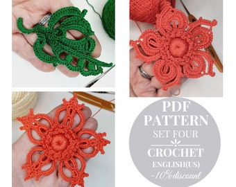Set of crochet patterns flowers and leaf. Leaves and floral crochet Instruction PDF. Crochet motifs for Irish lace tutorial.