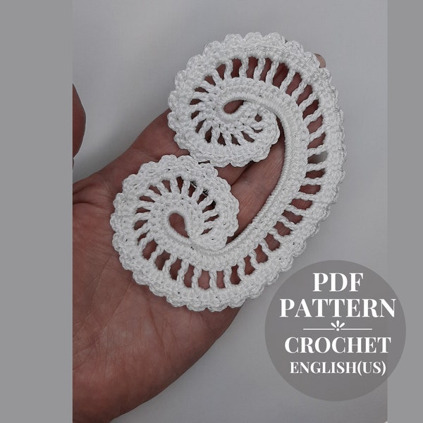 Crochet pattern curl motif for Irish lace. Tutorial crocheted spiral. Instructions pdf for crocheting vintage scroll.