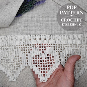 Crochet pattern border for curtains Pattern crochet filet edging with hearts for kitchen towels Detailed tutorial pdf