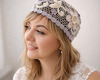 Crochet beret Irish Lace. Summer beanie organic cotton. Small lace beret for walking.