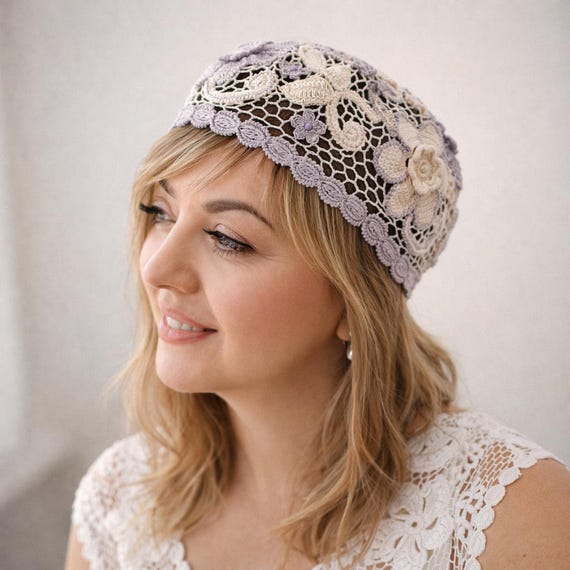 Crochet Beret Irish Lace. Summer Beanie Organic Cotton  display picture 1