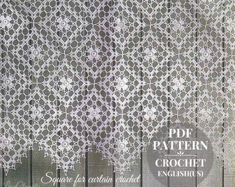 May include: A white crochet square pattern for curtains. The pattern is in a repeating geometric design. The text on the image reads "PDF PATTERN CROCHET ENGLISH(US) Square for curtain crochet".