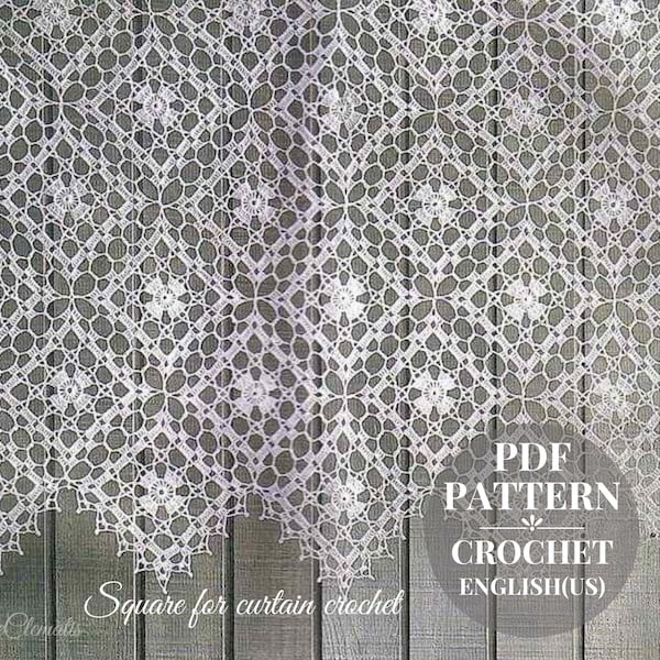 Crochet square patterns. Crochet lace curtain pattern. Vintage kitchen curtain. Crochet squares tablecloth pattern. Instructions pdf.