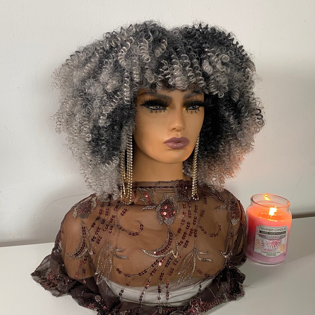 Kinky Curly Salt and Pepper Human Hair Blend Wig Etsy