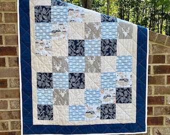 Quilt | Boy | Baby or Toddler | Cotton | Free Shipping | Ready to Ship | Blue Navy Rust Gray Cream | Deer Fox Teepee Nature Feathers