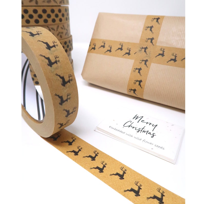 Eco-friendly Paper Tape in 4 Festive designs - Reindeer, Christmas Tree, Star and Merry Christmas Eco Friendly Paper Tape and Packaging Tape 