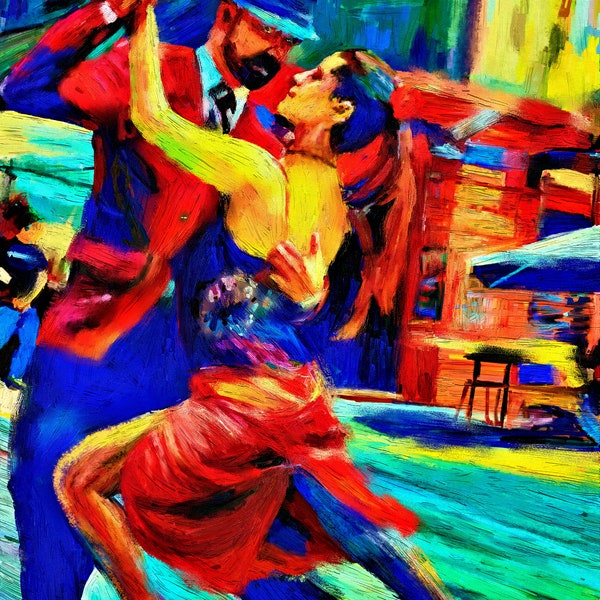 dance couples tango, complimentary colours, digital printable oil painting, street dancing, wall art decor, contemporary figurative, gift,