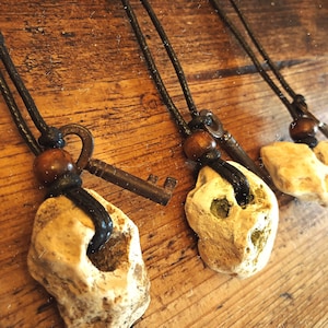 HAG STONE Pendant // hagstone jewellery, sea stone, witch, faerie, handmade, protection, magickal, holey stone, antique skeleton key, old