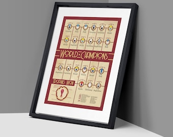 World Cup Winners 1930 - 2018 Retro Style Football Poster Art Illustration including legends like Pele, Maradona, Ronaldo