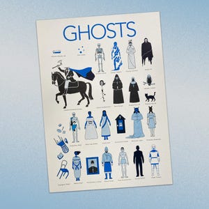 Könnte beinhalten: Ein Poster mit dem Wort "GHOSTS" in Blau oben. Das Poster zeigt verschiedene Illustrationen von Geistern aus aller Welt, darunter ein Skelett, eine vermummte Gestalt und eine schwarze Katze. Der Hintergrund ist cremefarben.