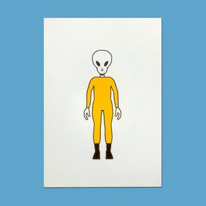 May include: A simple line drawing of an alien wearing a yellow jumpsuit and black boots. The alien has a large, round head with two black eyes and a small mouth.