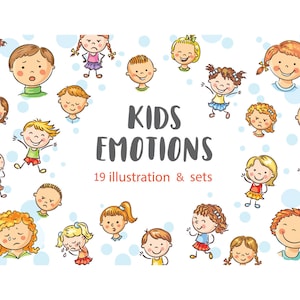 Paquete de imágenes prediseñadas de niños con diferentes emociones, niños de dibujos animados con diversas emociones, ilustración vectorial, descarga digital