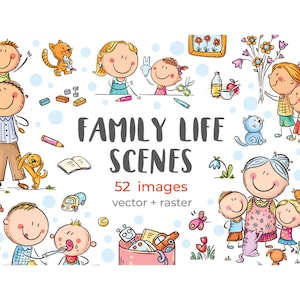 Doodle cartoon familie clipart bundel. Scènes van het gezinsleven, ouders met kinderen, clipartset gezinsactiviteiten. Handgetekende vectorillustratie