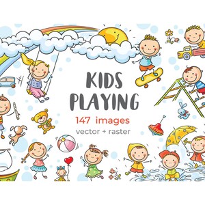 Paquete de dibujos animados de niños jugando, clipart de niños, clipart de actividades al aire libre para niños, niños garabatos, figuras de palitos, ilustraciones vectoriales