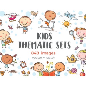 Kinderbundel clipart. Doodle cartoon kinderen illustraties set. Vectorillustraties voor kinderen