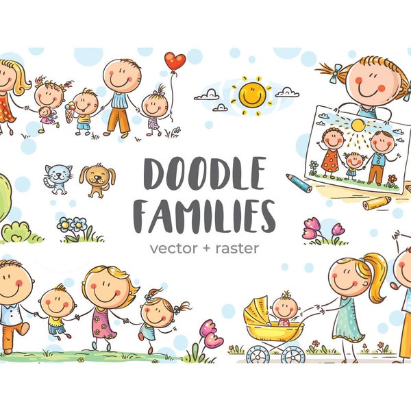 Happy doodle families clipart bundle - Cartoon family clipart illustration