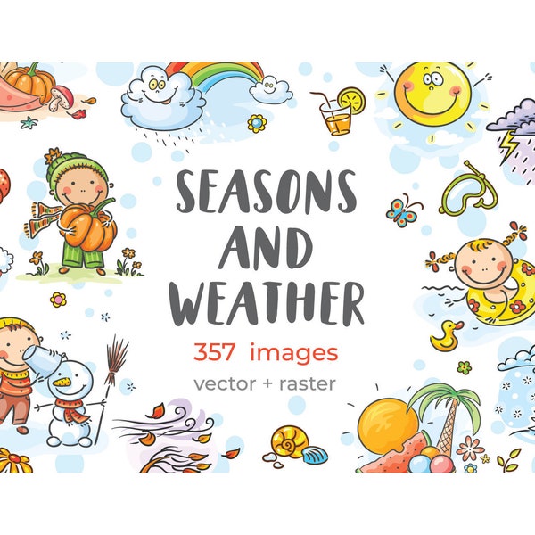 Cartoon illustration seasons weather clipart bundle Doodle kids of different activities during the four seasons summer winter spring autumn