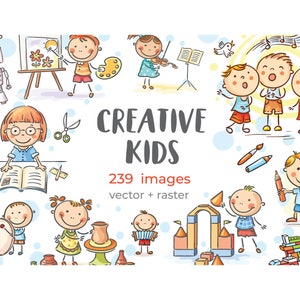 Paquete de imágenes prediseñadas de actividades creativas para niños con dibujos animados. Actividades infantiles como pintar. Niño cantando SVG, Niño tocando música PNG.