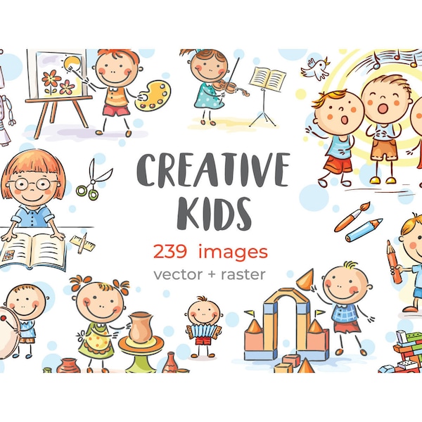 Doodle cartoon kids creative activities clipart bundle - Activities like painting, singing, playing music, inventing, constructing, theatre