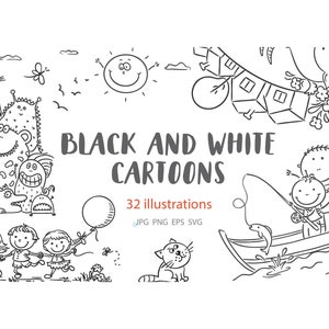 Black and white cartoon kids clipart. Stick figure, doodle kids bundle. Line art family and children vector illustration. Digital download