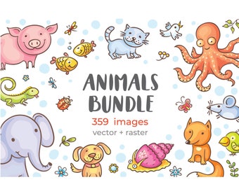 Pacchetto di clipart di animali dei cartoni animati, set di animali per bambini in formato SVG e PNG