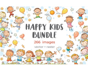 Clipart di bambini in stile cartone animato. Pacchetto di bambini felici disegnati a mano. Illustrazione vettoriale di un bambino che salta di gioia, bambini in piedi, bambino in età prescolare che cammina all'aperto.