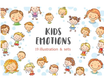 Kids with different emotions clipart bundle, cartoon children with various emotion, vector illustration, digital download