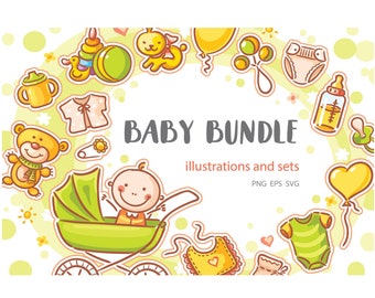 Pacchetto di clipart di neonati in stile cartone animato. Famiglia in stile doodle con bambino piccolo. Genitori con neonato. Set di clipart di oggetti per neonati. Download digitale.
