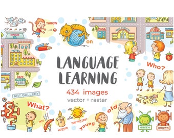 Pacchetto di clipart per l'apprendimento delle lingue. Illustrazioni educative per bambini.