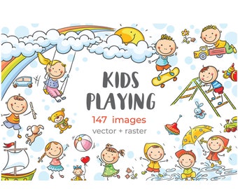 Cartoon kids playing bundle, children clipart, kids outdoors activities clipart, doodle kids, stick figure, vector illustrations