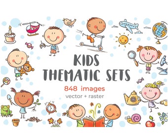 Kids Bundle clipart. Doodle cartoon kids clip art set. Children vector illustrations