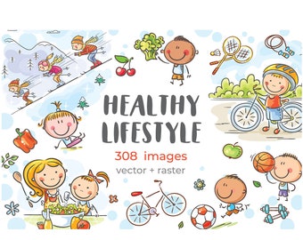 Clipart di uno stile di vita sano. Bambini e famiglie che fanno sport e mangiano sano. Pacchetto di clipart di attività familiari in stile doodle.