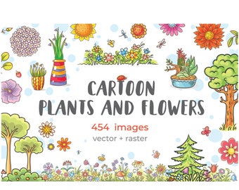 Pacchetto di clipart di piante in stile cartone animato, fiori, piante grasse (download digitale in formato PNG, SVG, EPS)
