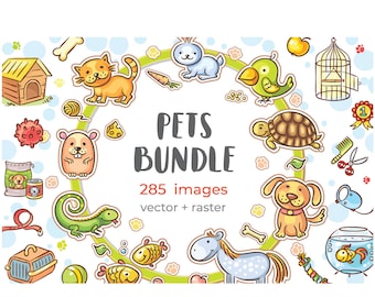Set di clipart di animali dei cartoni animati. Clipart di bambini scarabocchiati con animali domestici. Download digitale